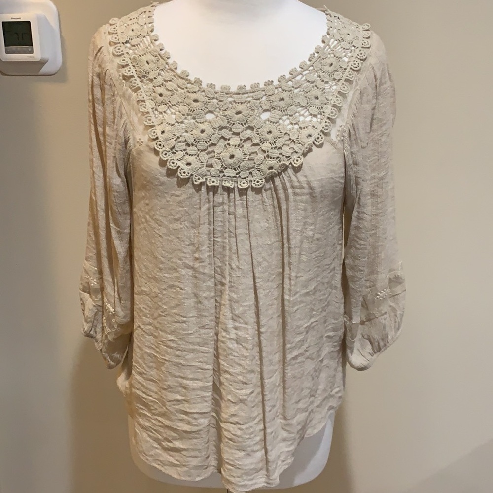 Hannah gauzy cream top with crochet neckline, Small